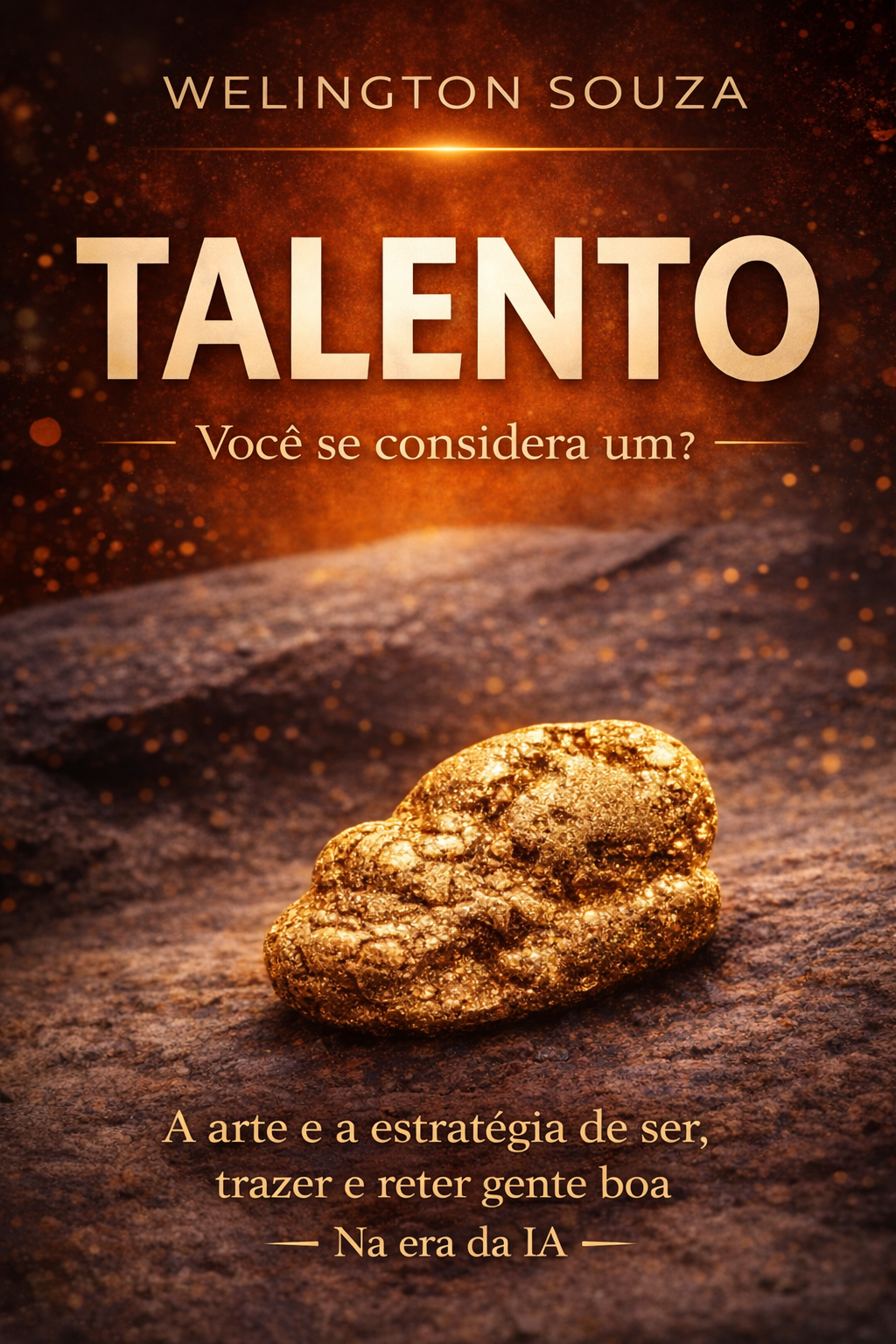 Capa do livro "Talento: você se considera um?" de Welington Souza, com picareta e pepita de ouro